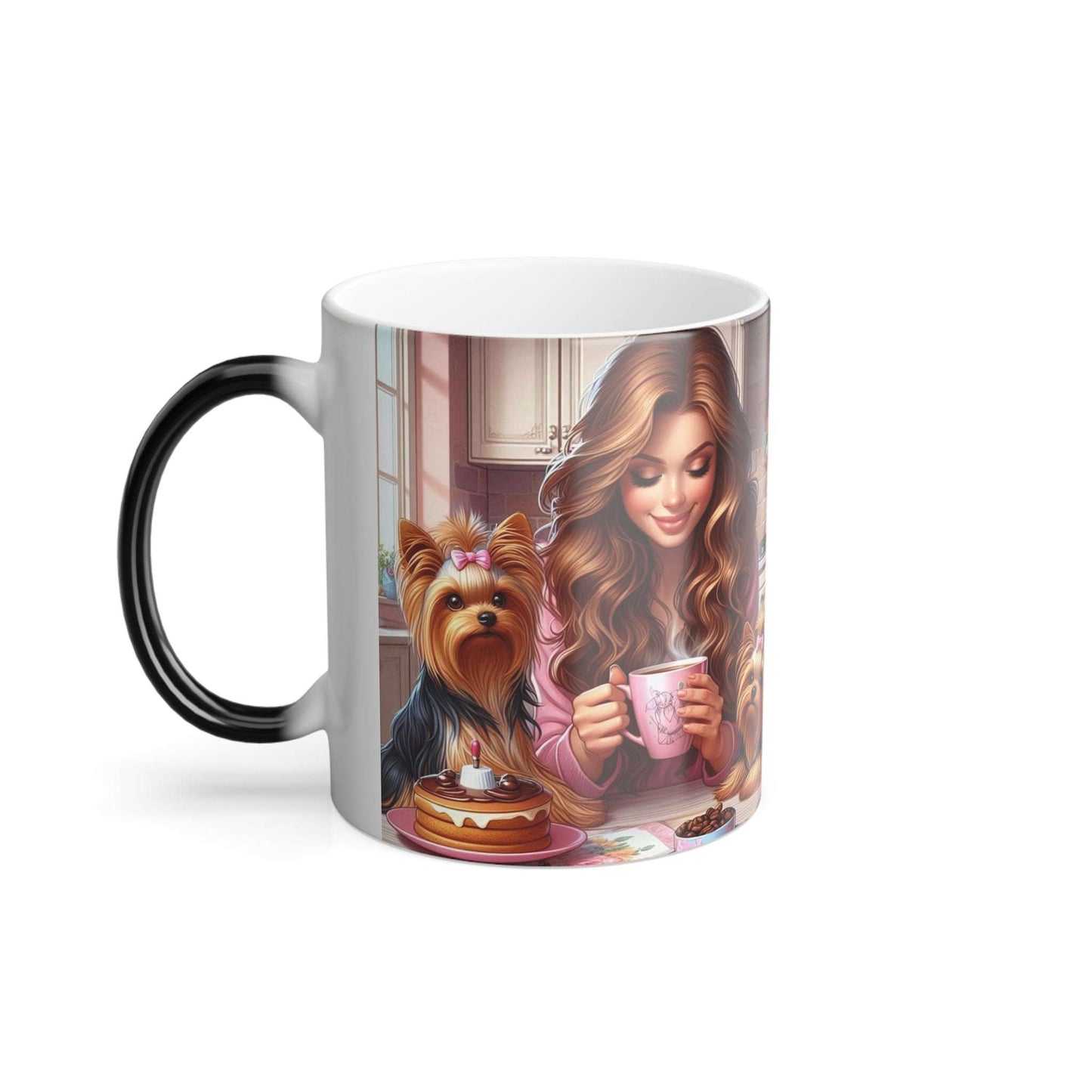 Mug with Yorkshire Terrier Themed Breakfast with Mom Design Color Morphing 11oz