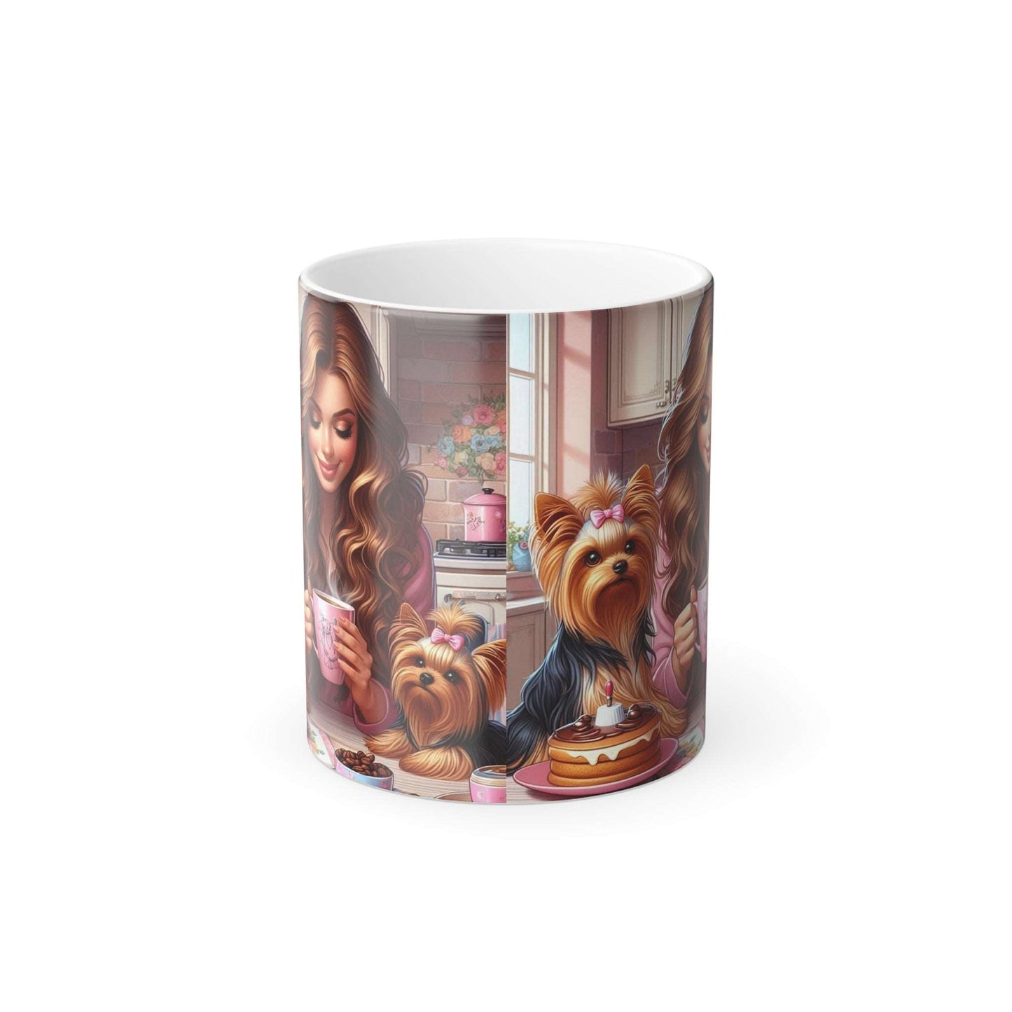 Mug with Yorkshire Terrier Themed Breakfast with Mom Design Color Morphing 11oz