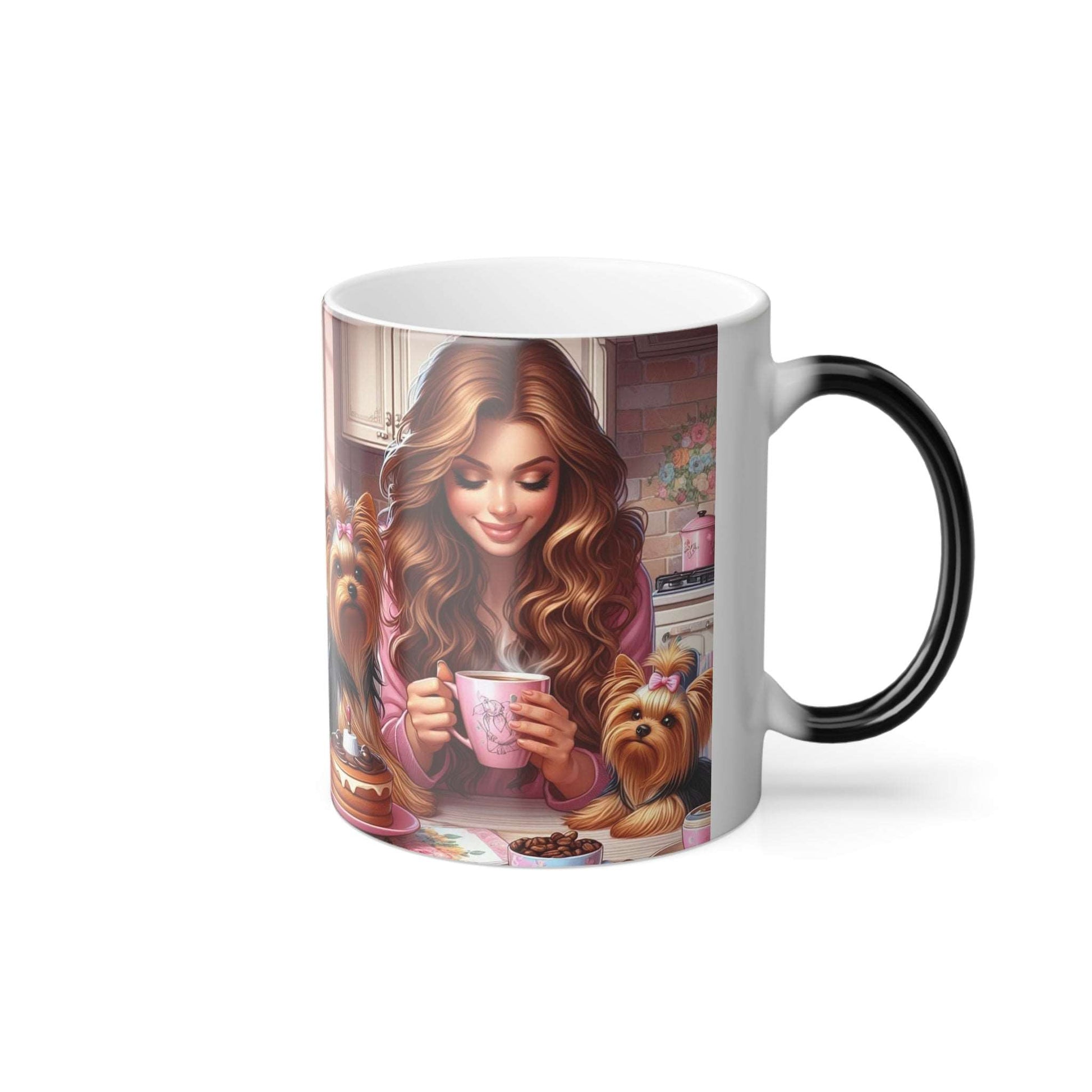 Mug with Yorkshire Terrier Themed Breakfast with Mom Design Color Morphing 11oz