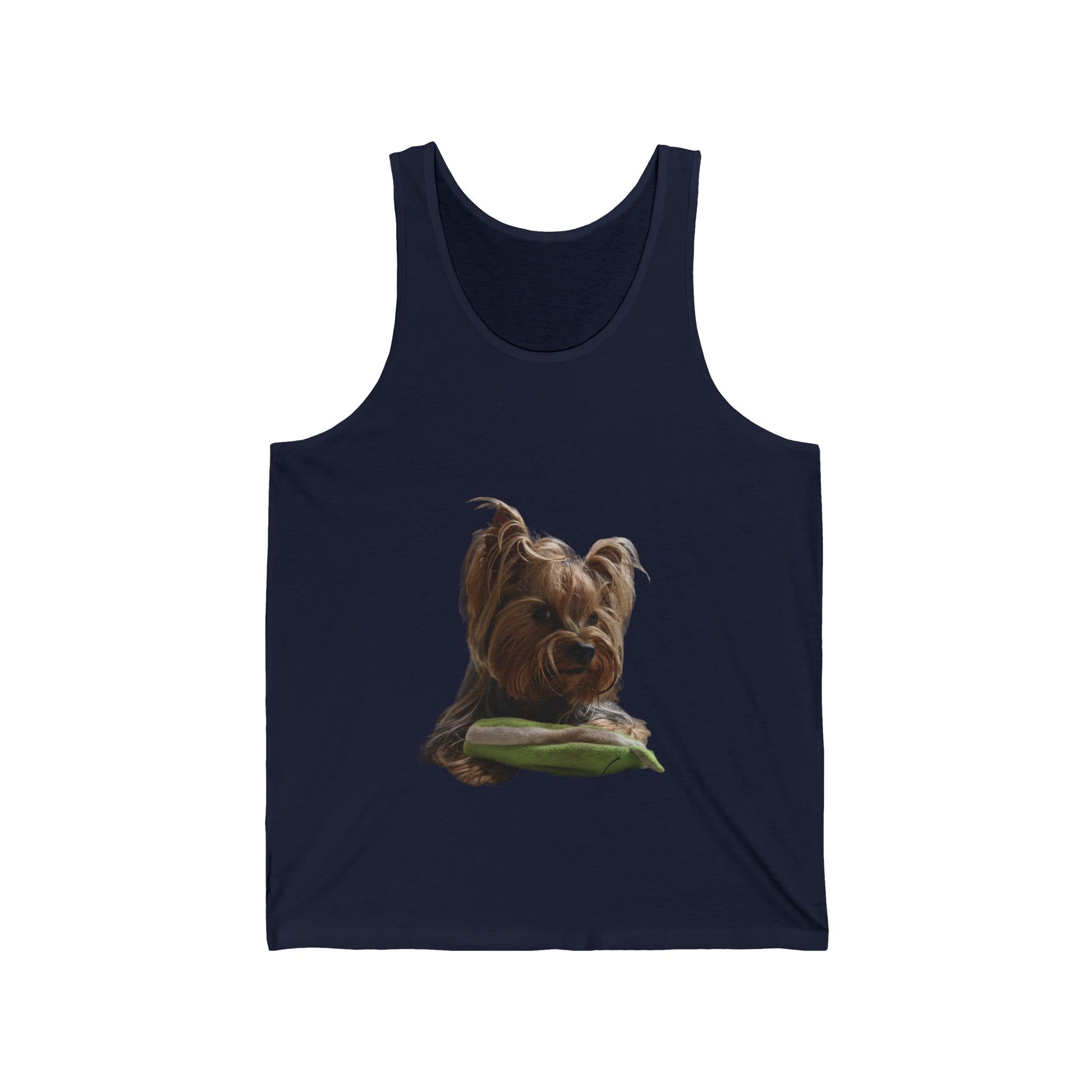 Canotta unisex in jersey con stampa Yorkie, in tessuto leggero, stile casual e confortevole, ideale per gli amanti dei cani.